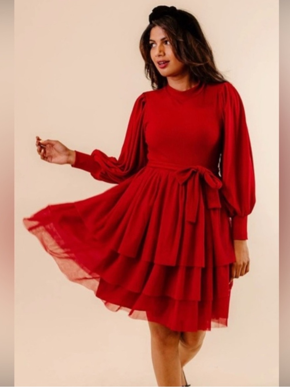 Ivy City Co Red Tiered Long-Sleeve Dress